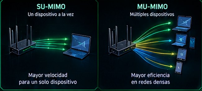 Ilustración técnica tridimensional de SU-MIMO y MU-MIMO con flujos inalámbricos entre un router y varios dispositivos.