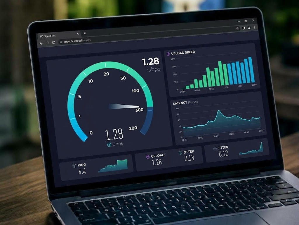 Portátil con medición de velocidad y equipo de red, representando la evolución de Wi-Fi 4 y Wi-Fi 5.