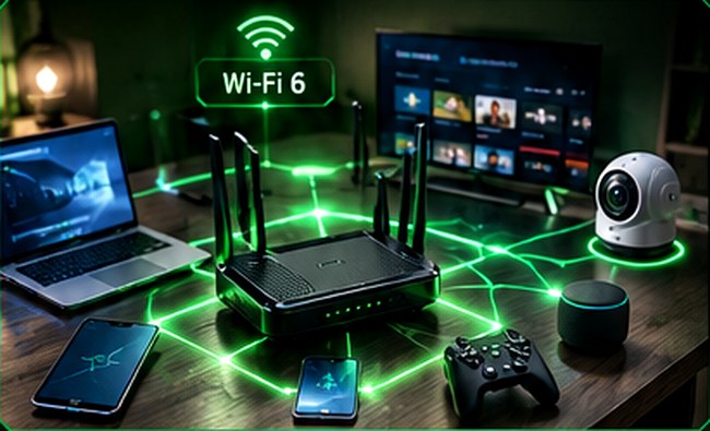 Router Wi-Fi 6 conectado a portátil, teléfono, televisor y dispositivos inteligentes en una red doméstica.